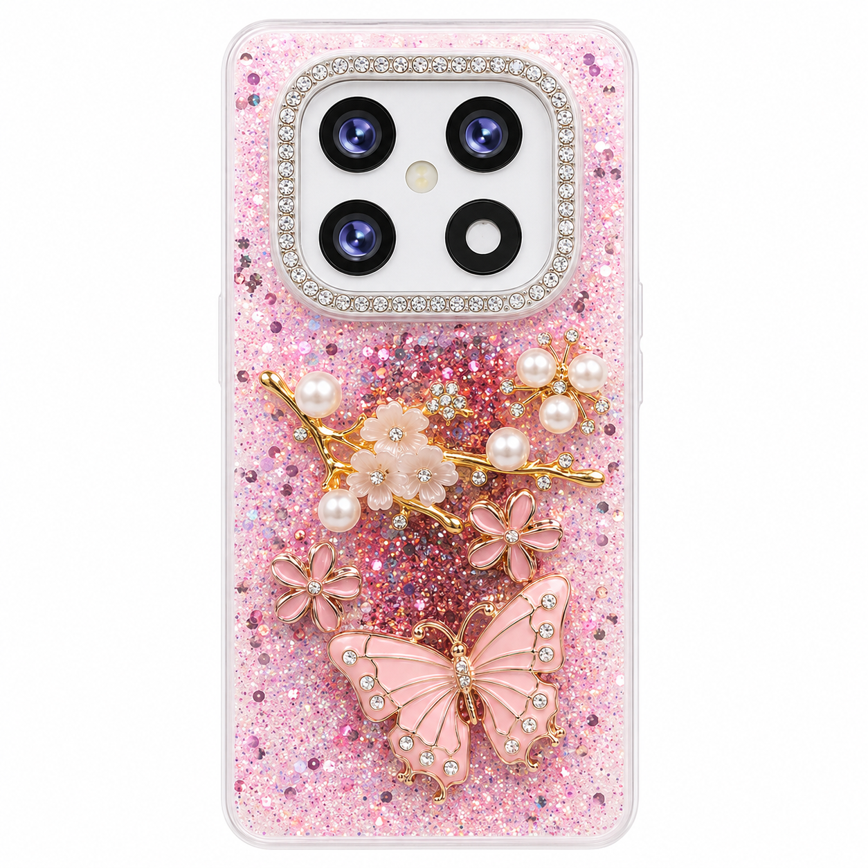 GSK0801001 Luxury Glitter Butterfly Pearl Designer Back Cover Pink Edition - Image 1